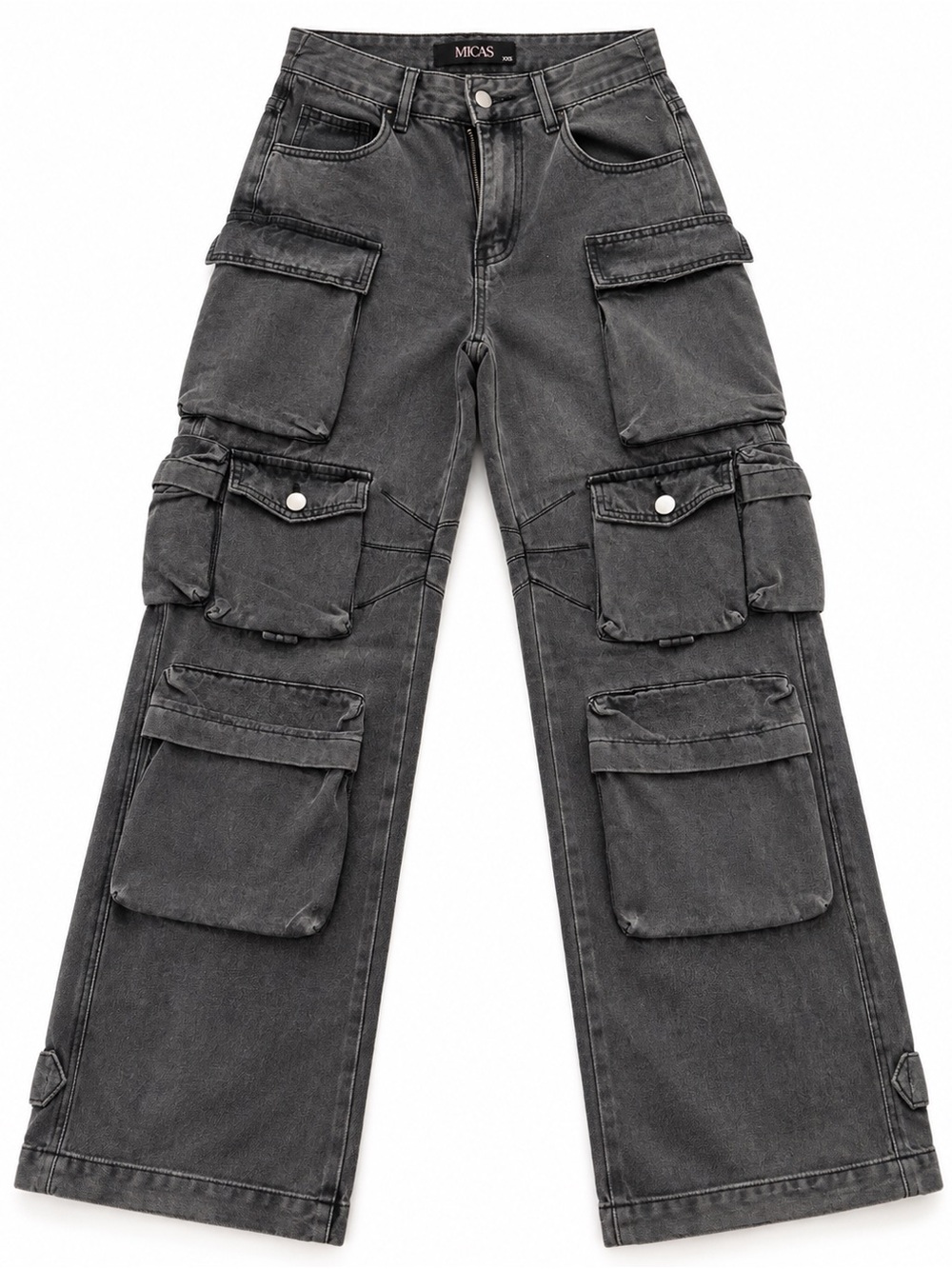 MICAS Washed Charcoal Cargo Jeans XXS Wide Leg Multi Pocket Denim